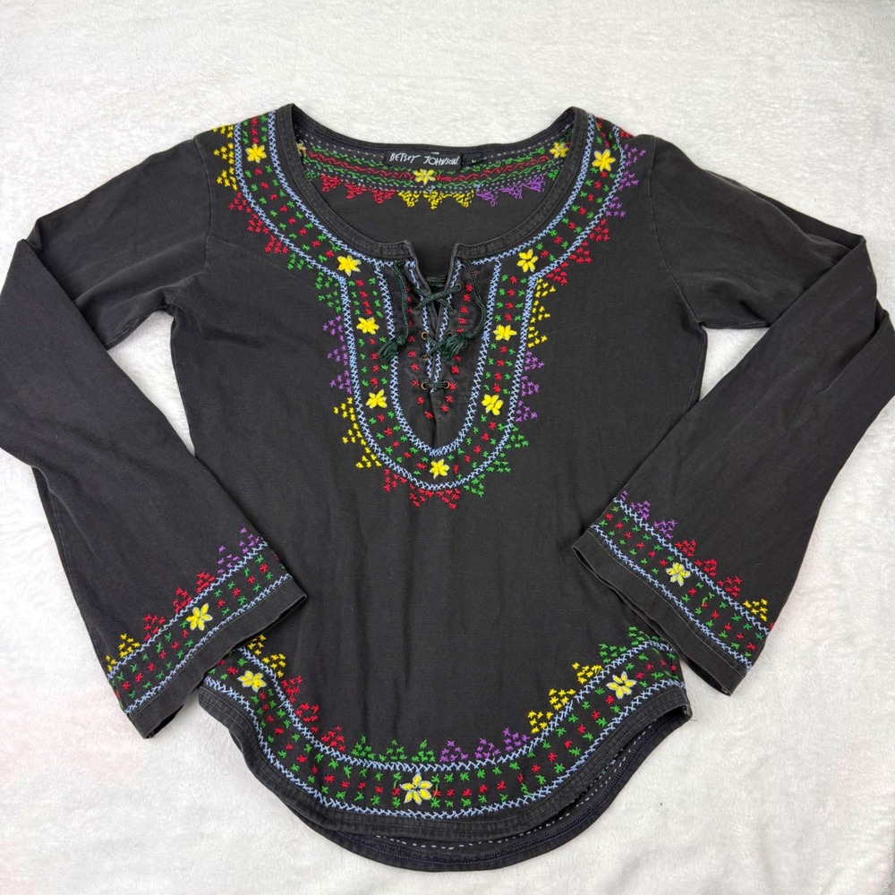 Vintage 90's Betsey Johnson Women Black Embroidered Lace Up Long Sleeve Top Sz L